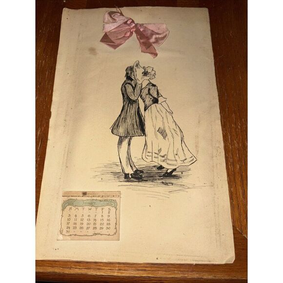 Antique 1904 Calendar with Print with Colonial Debutante Kissing Suitor - Picture 1 of 6